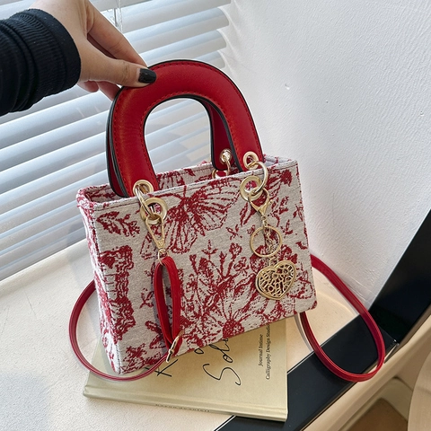 Damen Bestickte Canvas Handtasche Toile De Jouy Stil Schmetterling Tiger Blumenmuster Umhängetasche Mit Herzanhänger