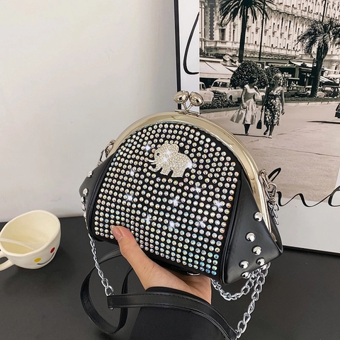Luxus Damen Strass Muschel Umhängetasche Retro Elefanten Dekor Metall Bügelverschluss Kette Schultertasche Party Abend Handtasche