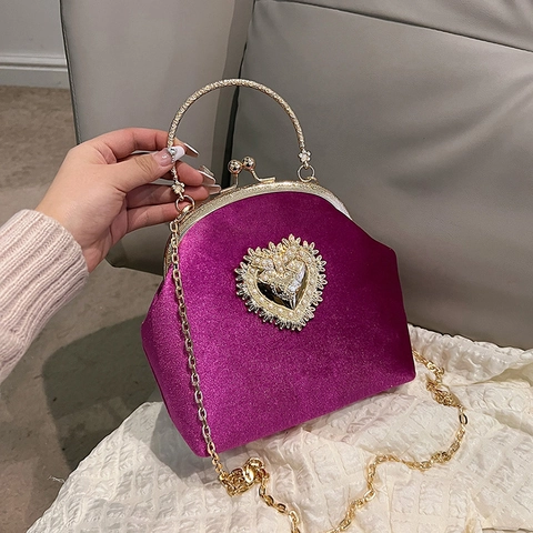 Vintage Samt Herz Umhängetasche Künstliche Perlen Goldkette Rahmen Abendhandtasche Damen Retro Party Muschel Tasche