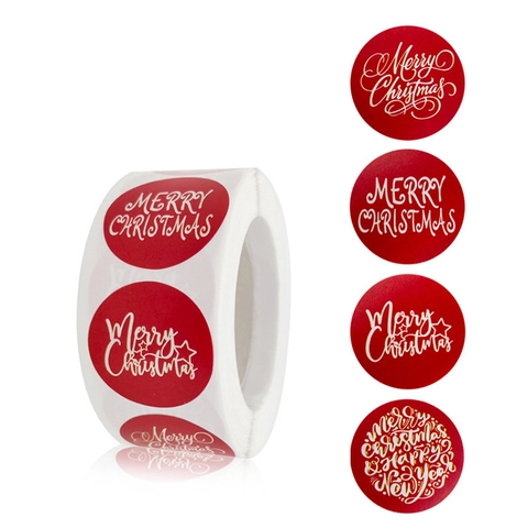Autocollants De Noël Ronds En Rouleau Papier Couché Rouge Festif Merry Christmas Happy New Year Étiquettes Pour Emballage Cadeau Décor