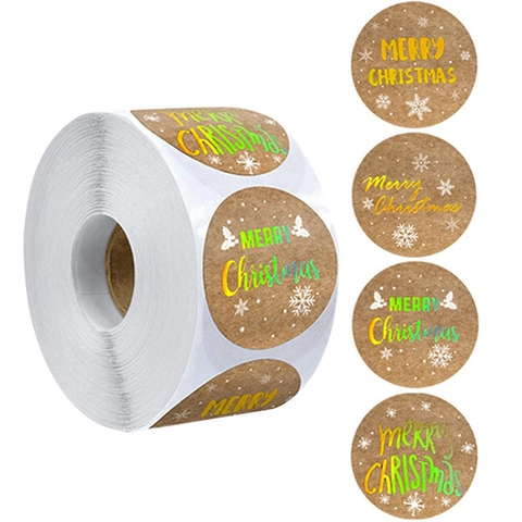Autocollants De Noël En Papier Kraft Ronds Étiquettes Merry Christmas Pour Emballage Cadeau Scellage D'Enveloppes Décoration