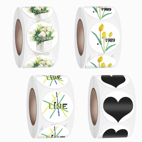 Round Label Stickers Roll Adhesive Paper Heart Tulip Flower Patterns For Gift Sealing DIY Scrapbooking Decorative