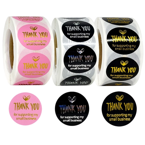 Thank You Stickers Circular Gold Silver Foil Heart Design For Small Business Gift Packaging Adhesive Label