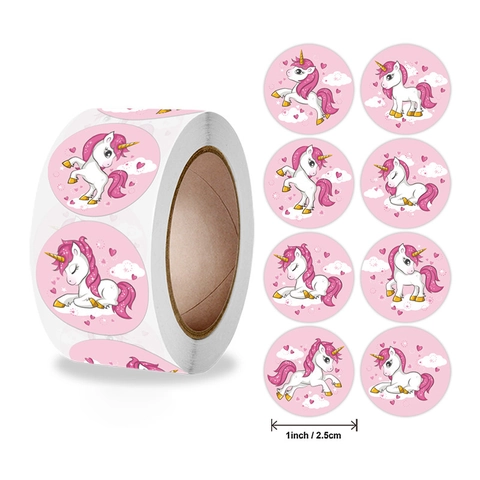 Cartoon Unicorn Stickers Round Self Adhesive Labels For Gift Wrapping Sealing Rewards Cute Rainbow Heart Pattern