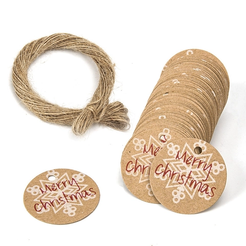 Étiquettes De Cadeau De Noël Rondes En Papier Kraft Avec Corde De Jute Pour Décorations De Paquets Motif Flocon De Neige Doré
