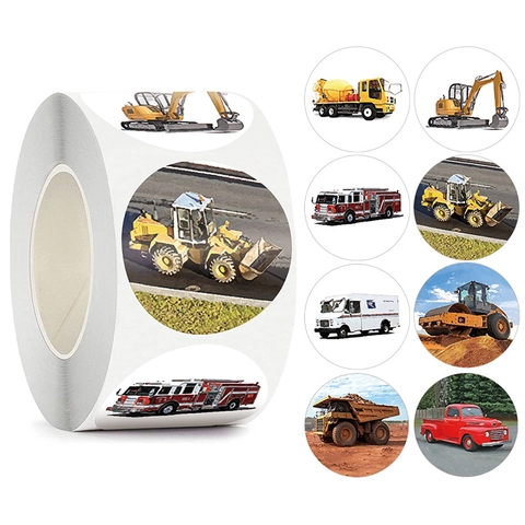 Autocollants Ronds Véhicule De Construction Excavatrice Pompier Étiquettes De Récompense Autocollantes Papeterie Pour Enfants Décor Éducatif