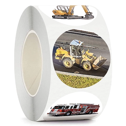 Autocollants Ronds Véhicule De Construction Excavatrice Pompier Étiquettes De Récompense Autocollantes Papeterie Pour Enfants Décor Éducatif