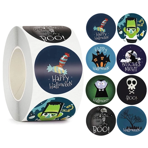 Autocollants Halloween Étiquettes Rondes Adhésives Dessins Animés Fantôme Citrouille Sorcière Pour Cadeaux Et Emballages