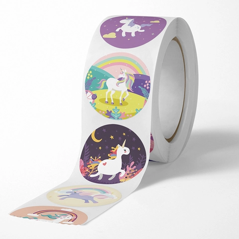 Cartoon Unicorn Round Stickers Rainbow Pattern Self Adhesive Stationery Decals For Scrapbooking Student Reward