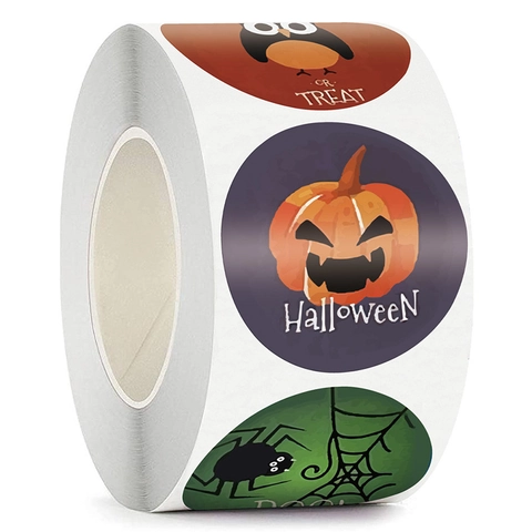 Halloween Stickers Round Pumpkin Ghost Cartoon Patterns Adhesive Decals For Party Favor Gift Bags Decorative Roll