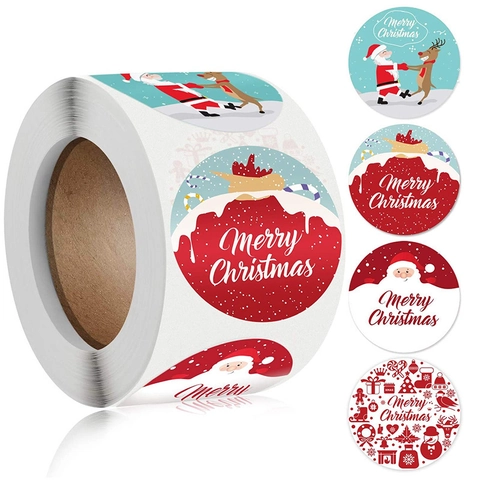 Christmas Round Stickers Self Adhesive Paper Holiday Envelope Seals Santa Claus Reindeer Patterns Party Decoration