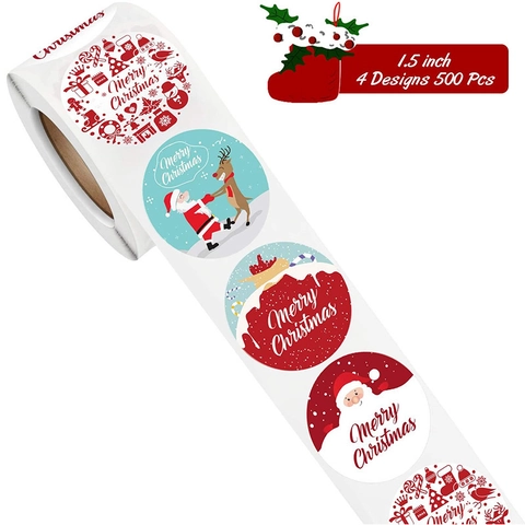Christmas Round Stickers Self Adhesive Paper Holiday Envelope Seals Santa Claus Reindeer Patterns Party Decoration