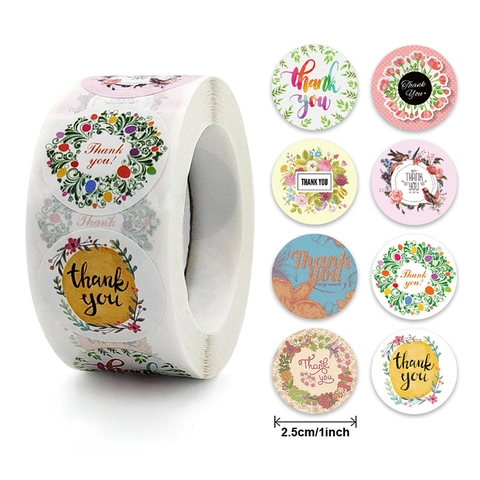 Rouleau Autocollants Merci Motifs Floraux Aquarelle Oiseau Ballon Étiquettes Adhésives De Scellage Pour Emballage Cadeau
