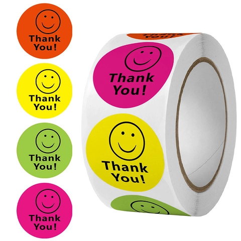 Round Colorful Smiley Face Thank You Stickers Self Adhesive Labels For Gift Wrapping Packaging Mailing Envelopes Decor