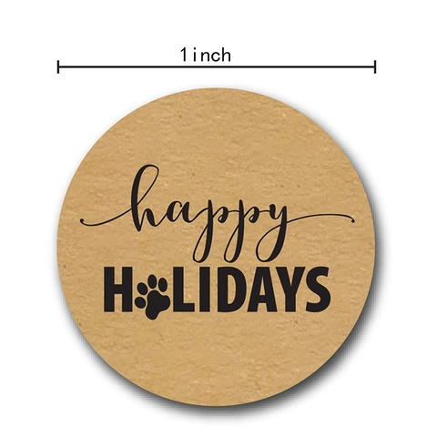 Round Kraft Paper Stickers Happy Holidays Labels With Paw Print For Gift Wrapping Scrapbooking Decor
