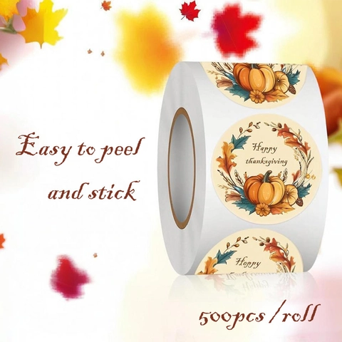 Autocollants Happy Thanksgiving Ronds Citrouille Feuille Érable Étiquettes Décoratives Pour Cadeaux Enveloppes Automne