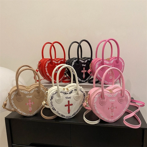Borsa a Tracolla Gotica a Forma di Cuore Punk in Pelle PU con Stampa a Croce Borsa a Mano Dolce Cool Y2K Donna