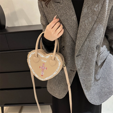 Borsa a Tracolla Gotica a Forma di Cuore Punk in Pelle PU con Stampa a Croce Borsa a Mano Dolce Cool Y2K Donna