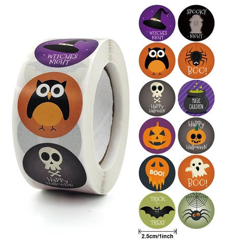 Autocollants Halloween Rouleau Étiquettes Adhésives Rondes Pour Sacs À Bonbons Décoration De Fête Motifs Hibou Fantôme Citrouille Chauve-Souris Crâne