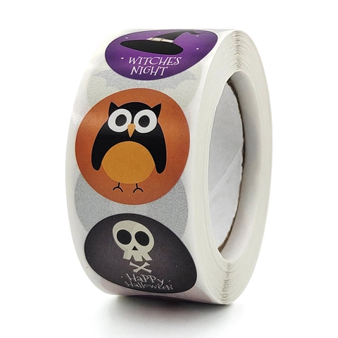 Autocollants Halloween Rouleau Étiquettes Adhésives Rondes Pour Sacs À Bonbons Décoration De Fête Motifs Hibou Fantôme Citrouille Chauve-Souris Crâne