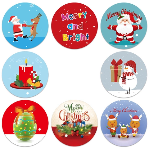 Autocollants Ronds De Noël Étiquettes En Papier Auto Adhésives Pour Décoration De Cadeaux Père Noël Élan Bonhomme De Neige