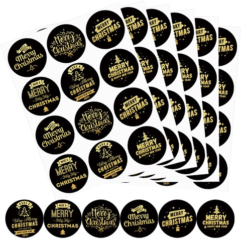 Round Christmas Stickers Black And Gold Foil Holiday Gift Box Sealing Labels For New Year Party Decor Kraft Paper Vintage