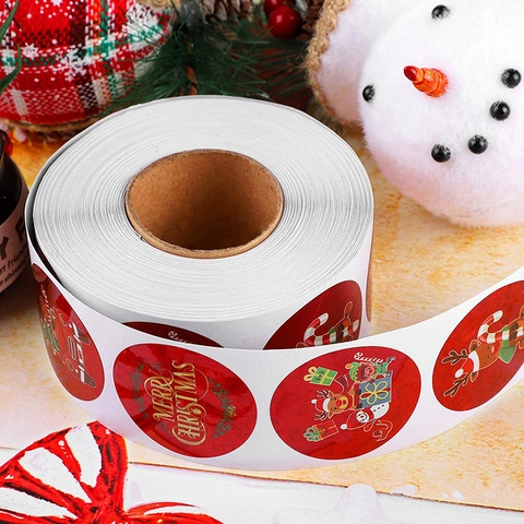 Christmas Sealing Stickers Round Red Glitter Self Adhesive Labels For Holiday Gift Wrapping Envelope Seal DIY Craft Cartoon Santa Reindeer Design