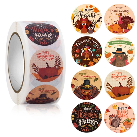Autocollants De Thanksgiving Étiquettes Autocollantes Rondes Automne Récolte Motifs De Dindon Citrouille Décoratifs Pour Emballages Cadeaux Enveloppes