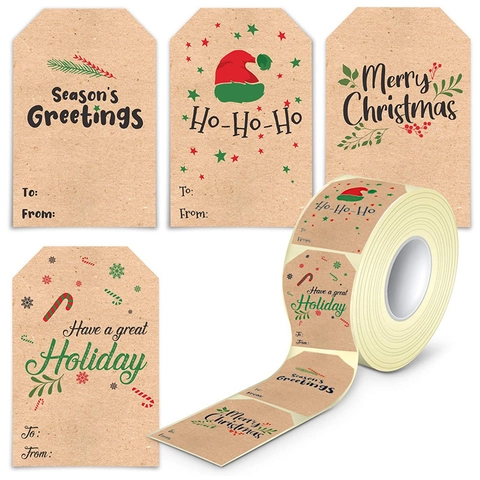 Christmas Gift Tags Adhesive Labels Roll Kraft Paper Merry Christmas Stickers For Holiday Gift Wrapping Decorations