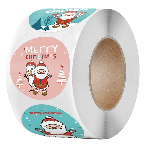 Autocollants De Noël Ronds Étiquettes Kraft Joyeux Noël Père Noël Bonhomme De Neige Motifs Boîte Cadeau Décorative