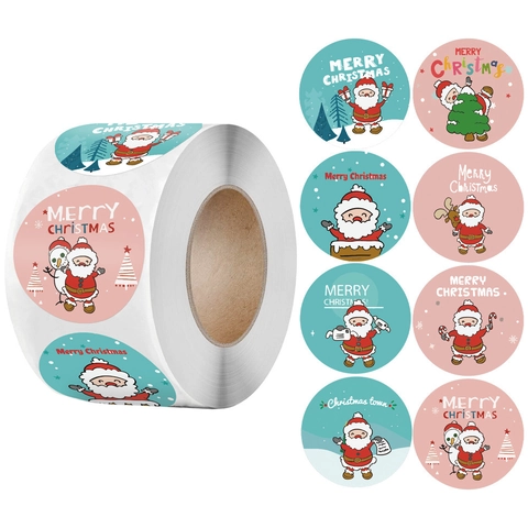 Autocollants De Noël Ronds Étiquettes Kraft Joyeux Noël Père Noël Bonhomme De Neige Motifs Boîte Cadeau Décorative