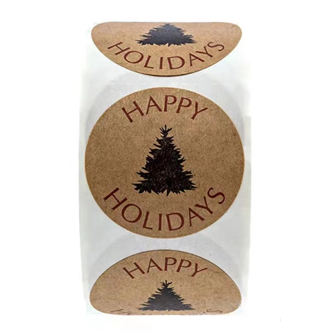 Pegatinas De Árbol De Navidad Happy Holidays Etiquetas Redondas De Papel Kraft Para Hornear Envoltura De Regalos Sello De Sobre
