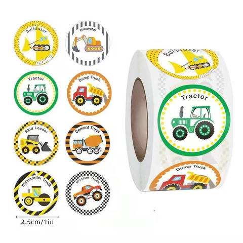 Autocollants De Véhicules De Construction Pour Enfants Étiquettes De Récompense Rondes Décalcomanies Pour Décor Scolaire