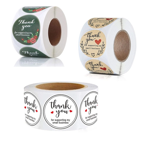 Round Thank You Stickers Self Adhesive Labels Roll For Small Business Packaging Wedding Gift Decor Floral Heart
