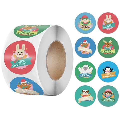 Autocollants Ronds Joyeux Noël Étiquette En Papier Autocollante Pour Emballage De Cadeau Décoration D'Enveloppe Motifs De Dessins Animés