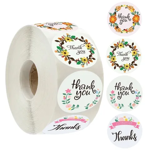Rouleau D'autocollants Merci Ronds Motif Couronne De Fleurs Étiquettes Adhésives Décoratives Pour Emballage Cadeau Enveloppe