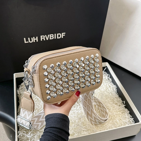 Sac Bandoulière Femme Sac Caméra Strass Rivet Simili Cuir Petit Sac Carré Avec Large Bandoulière