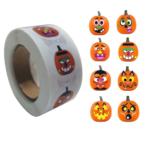 Rouleau D'Autocollants D'Halloween Visage De Citrouille Expressions De Dessin Animé Pour Sac De Bonbons Enveloppe Cadeau Étiquettes