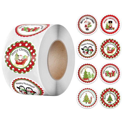 Autocollants Ronds De Noël Merry Christmas Bonhomme De Neige Père Noël Pingouin Pour Emballage Cadeau Sceau Enveloppe Étiquettes