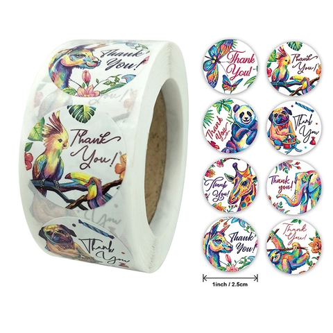 Round Thank You Stickers Watercolor Animal Patterns Adhesive Labels For Gift Packaging Envelope Sealing Stationery Decorative