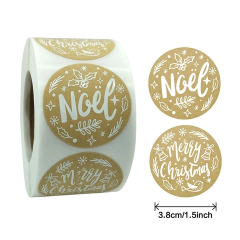Étiquettes De Scellage De Noël Rondes Papier Kraft Autocollantes Motifs Merry Christmas Noel Décoration D'Emballage Cadeau