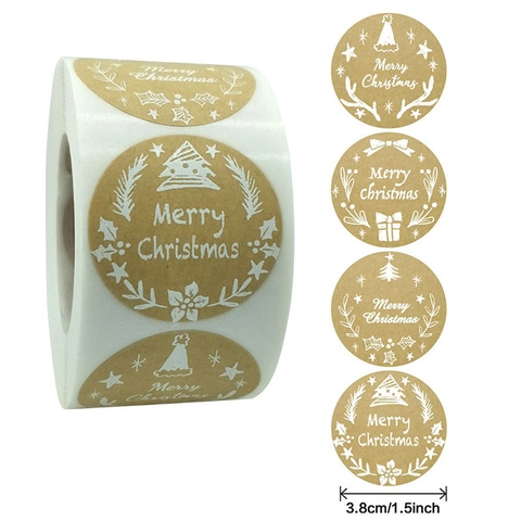 Étiquettes De Scellage De Noël Rondes Papier Kraft Autocollantes Motifs Merry Christmas Noel Décoration D'Emballage Cadeau