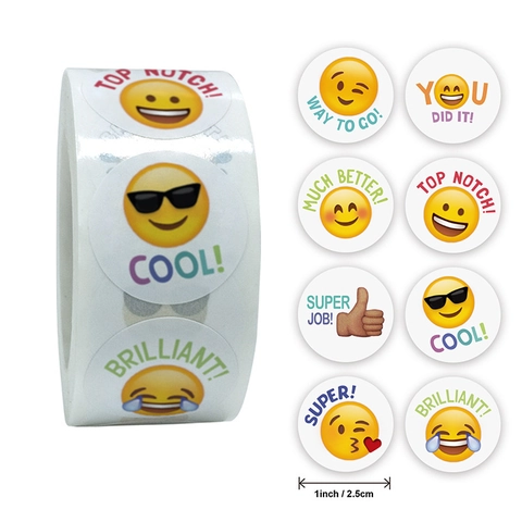 Rollo De Pegatinas De Recompensa Redondas Dibujos Animados Emoji Palabras De Aliento Papel Autoadhesivo Para Decoración Escolar