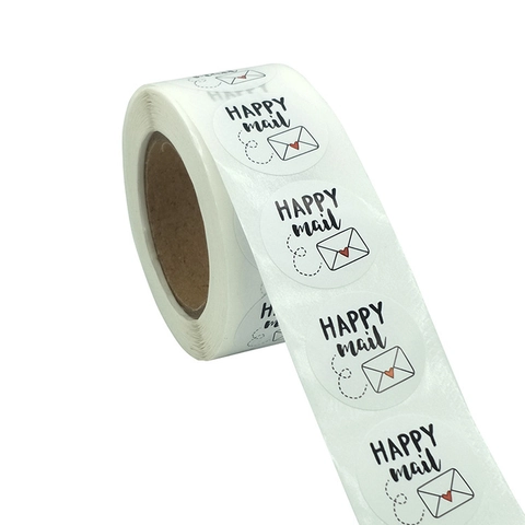 Pegatinas De Sellado Redondas Happy Mail Etiquetas Adhesivas Patrón Sobre Corazón Embalaje Envío Negocios Regalo Simple Lindo
