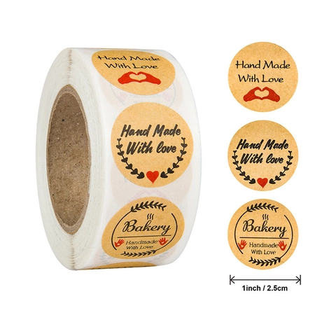 Στρογγυλά Αυτοκόλλητα Kraft Paper Hand Made With Love Ετικέτες Για Συσκευασία Δώρων Και Διακόσμηση Αρτοποιίας