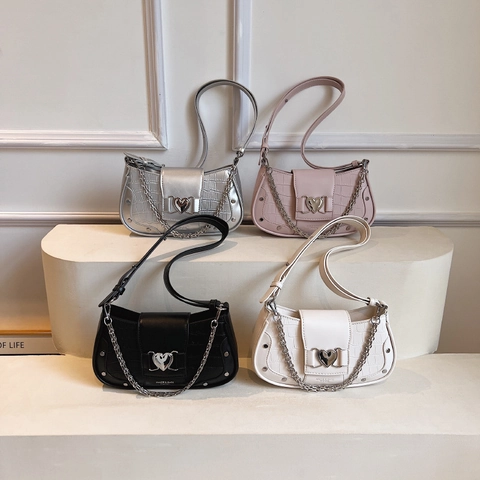 Französisch Retro Krokodilmuster PU Leder Umhängetasche Damen Mode Kette Herzschloss Baguette Handtasche Unterarmtasche