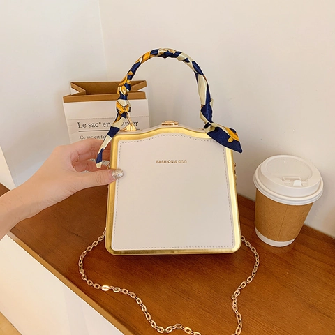 Women PU Leather Box Bag Metal Frame Vintage Square Handbag With Satin Scarf Handle And Chain Strap Elegant Crossbody