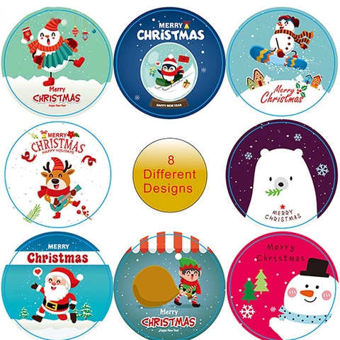 Autocollants De Noël Dessin Animé Rond Rouleau Étiquettes Autocollantes Décoration De Fête Scellage D'Enveloppes Joyeux Noël Motifs