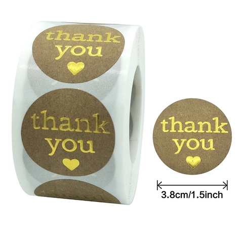 Autocollants Merci Rond Papier Kraft Étiquettes Dorées Pour Emballage Cadeau Décoration Entreprise Motif Cœur