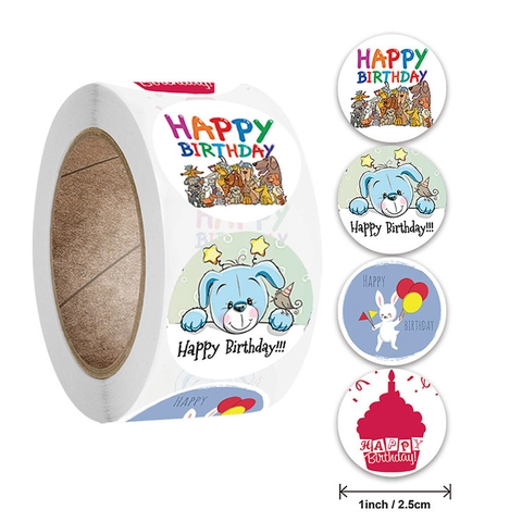 Étiquettes Rondes Happy Birthday Autocollants Motifs Animaux Lapin Chien Adhésifs Pour Décoration De Boîte Cadeau Fête